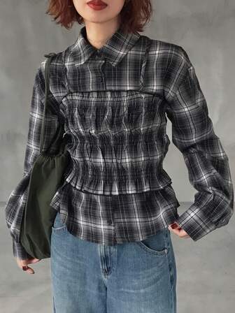 FRIFUL Women's Plaid Long Sleeve Button-Up Shirt And Pleated Camisole Casual 2-Piece Set