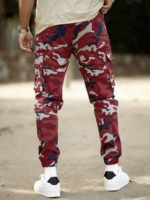 Manfinity Homme Men's Camouflage Print Casual Jogger Pants Men Cargos Men Army Pants Mens Jogger Men Camo Pants Camo Cargos - Burgundy - View 2