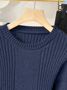 Franclia Women's Autumn Elegant Navy Blue Knitted Sweater Two-Piece Set,Long Sleeve Ruffled Hem Pullover&Elastic Waist Trousers,Commuter Brunch Business Outfit - Multicolor - View 4