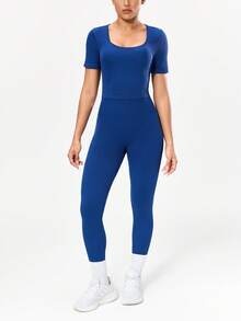 SHEIN Sports 蓝色罗纹短袖长裤套装，弹力十足，防蹲走光 - 藏蓝色 - 查看 4