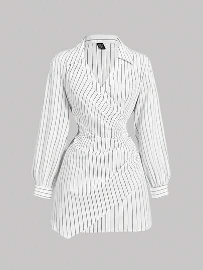 SHEIN MOD Plus Size Black White Stripe Print Cross-Wrap Ruffle Long Sleeve Women Dress,Business Women Clothes,Beach Women Outfits,Graduation Dress