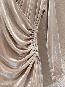 GlowEve Women's Apricot Solid Velvet Elegant Pleated Dress, Suitable For Autumn/Winter Party, Halloween, Christmas, Holiday Events, Date, Valentine's Day - Apricot - View 4