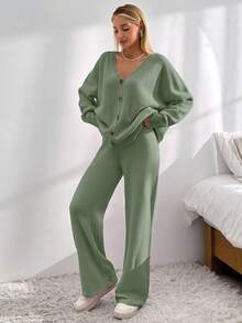 EURMUSE Drop Shoulder Cardigan & Tie Front Knit Pants - Mint Green - View 5