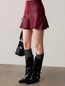 Ardnt Burgundy Autumn Seductive Night Skirt,Goth Y2K Punk American Street Style High Waist Layered Asymmetric Red Leather Skorts For Women - Burgundy - View 4