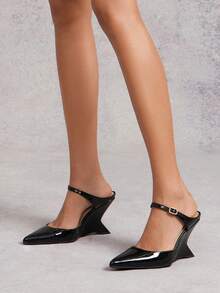 SHUZIA 女士优雅舒适踝带套脚坡跟鞋 - 黑色 - 查看 2