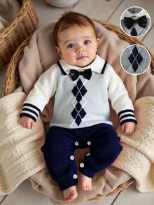 Newborn Baby Casual Fashion Cute Diamond Pattern White, Gray, Navy Blue Knitted Striped Bodysuit, Soft & Comfortable, Suitable For Daily, Outdoor, Travel, Holiday, Home, Daycare, Playtime, Autumn/Winter, Christmas, Back To School, Party, All-Match Airplane Captain Outfit For Baby Boy Knitted Baby Boy Outfit Baby Boy Sweater Set Sapphire Suit For Baby Boy Baby Sailor Navy Outfit Argyle Baby Boy Outfit Baby Boy Argyle Sweater Baby Boy Navy Suit Baby Sweater Baby Boy Argyle Outfit - Royal Blue - View 4