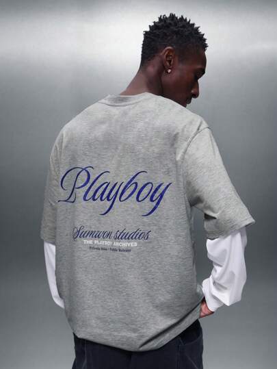 PLAYBOY X SUMWON 品牌叠层长袖圆领T恤，背面全幅印花，打造休闲街头风。