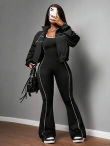 Slaydiva 2025新款初秋休闲简约日常约会运动风瑜伽服小立领速干运动面料前中拉链落肩黑色拼接白色缎带长袖上衣+黑白拼接紧身背心连体裤喇叭裤侧边白色条纹拼接瑜伽裤针织套装女两件套 - A - 黑色 - 查看 1