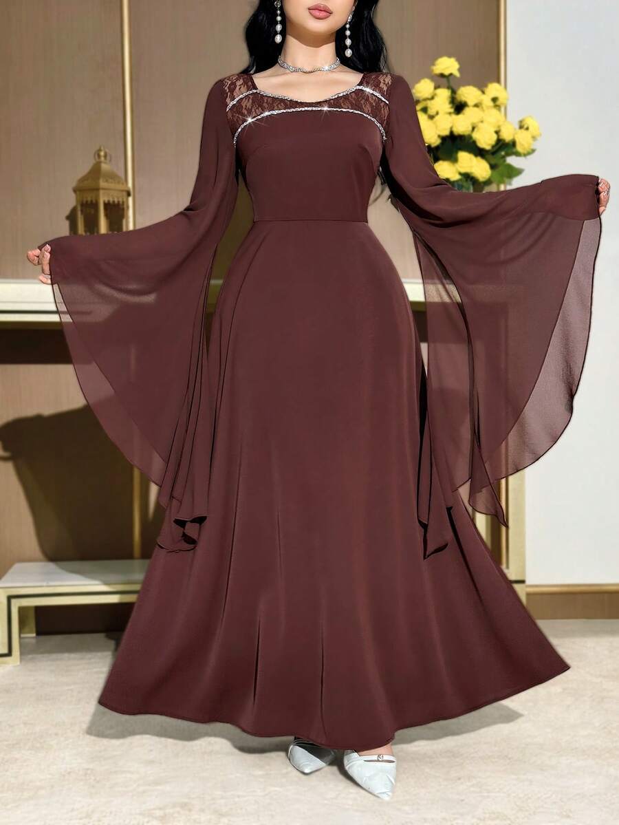 Modelyn Gaun Pesta Elegan Wanita dengan Hiasan Renda dan Lengan Mengembang - Coklat - View 1