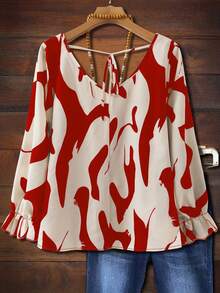 EMERY ROSE Plus Size Women V-Neck Back Tie Full Print Long Sleeve Autumn Blouse - Red - View 2