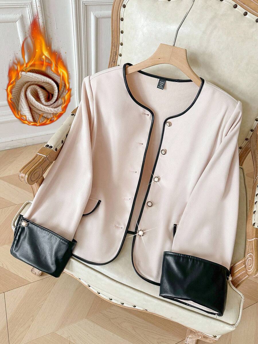 Modelyn Chaqueta elegante y versátil de talla grande con cuello redondo, manga larga, botones delanteros y ribete de color block