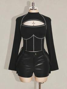 SHEIN ICON 大码女式白色撞色滚边黑色修身T恤 - 黑色 - 查看 3