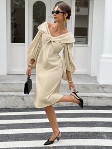 Siren Gaze 女士优雅通勤扭结灯笼袖中长连衣裙 - 卡其色 - 查看 6