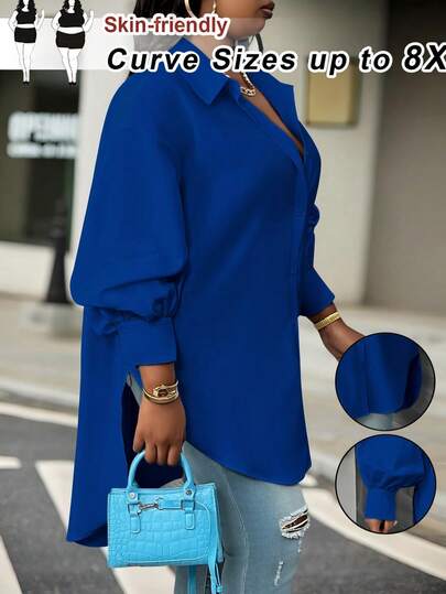 SHEIN CURVE+ Plus Size Women's Spring Solid Color Single-Breasted Casual Lantern Sleeve Shirt