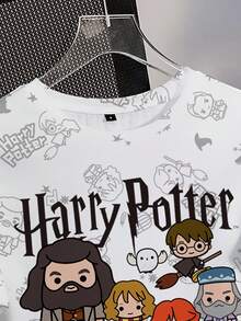 HARRY POTTER X SHEIN 女士休闲可爱卡通字母图案短袖T恤，夏季 - 白色 - 查看 3