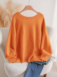 CosyJoli 大码休闲V领蝴蝶结系带宽松套头毛衣，春季/春假 - 橘色 - 查看 2