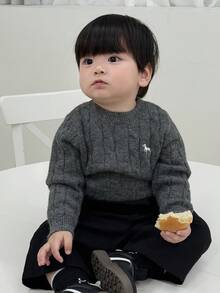 DAZY Toddler Boys' Crew Neck Cable Twist Cartoon Embroidery Solid Color Sweater - Dark Grey - View 3