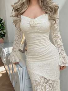Jemour Đầm đuôi cá in hoa dệt kim Jacquard lãng mạn cổ điển dành cho nữ, Đầm mùa hè, Đầm tiệc trà Quần áo mùa xuân - Màu be - Xem 3