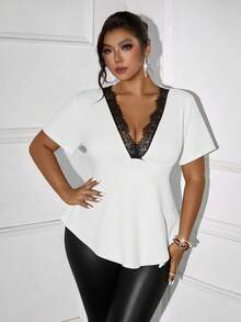 Elenzga 大码女式休闲蕾丝边V领T恤 - 黑與白 - 查看 6