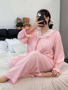 Dream Adore Plus Size 2pcs Princess Style Long Sleeve Pajama Set, Homewear Suit, Winter Clothes - Pink - View 3
