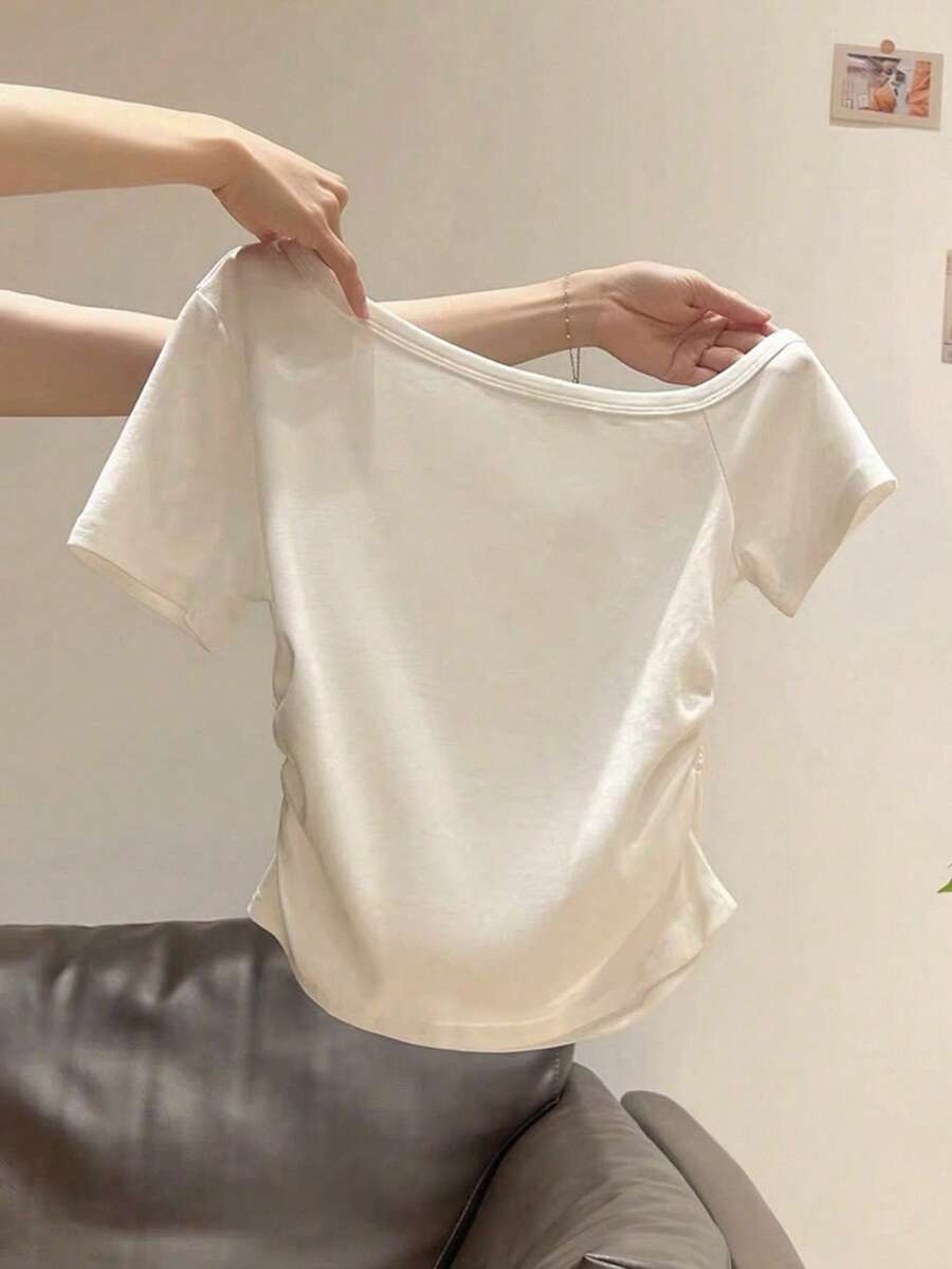 女士休闲纯色不对称领褶皱T恤，夏季 - 白色 - 查看 1