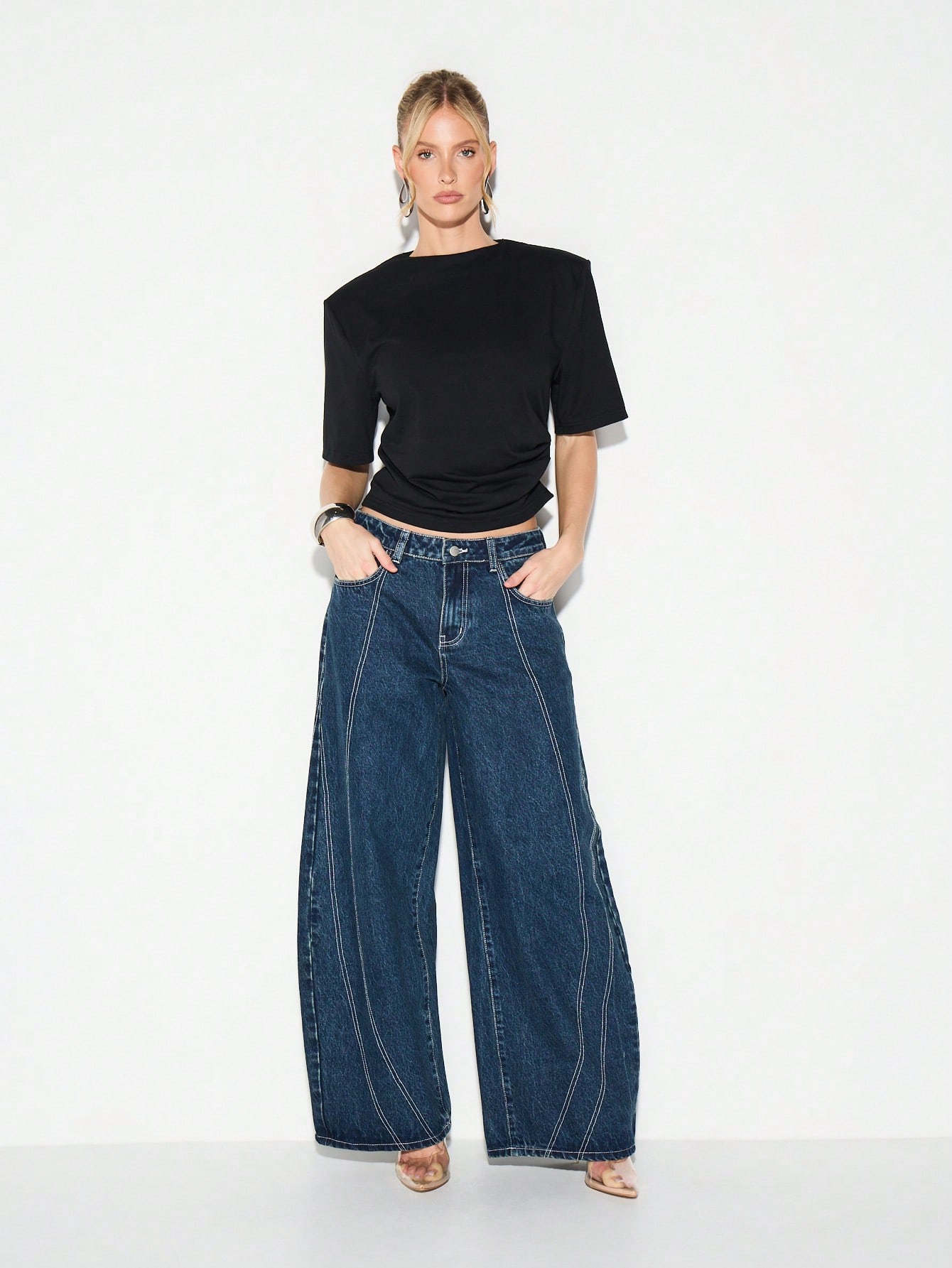 KIZN Wide Leg High Rise Denim Jeans With Contrast Stitching