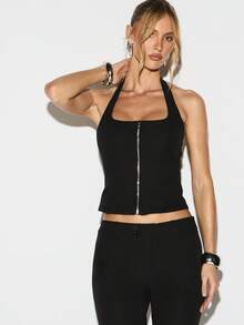 KIZN Áo crop top cổ yếm không tay có khóa kéo phía trước, hoàn hảo cho trang phục thường ngày mùa hè và trang phục dạ hội - màu đen - Xem 5