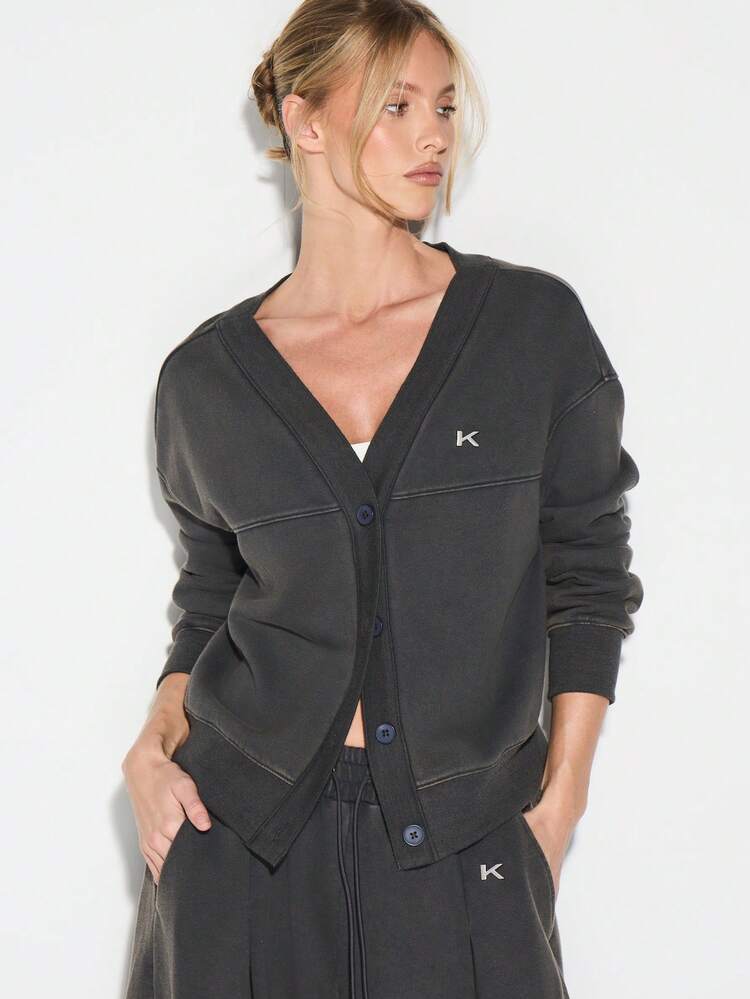 KIZN Button Front V-Neck Cardigan With Metal Tab