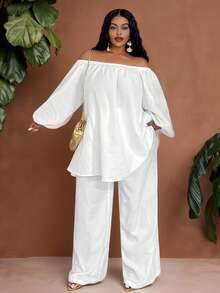Veslaya Plus Size Loose White Long Jumpsuit, Open Shoulder Early Spring Vacation Casual - White - View 1