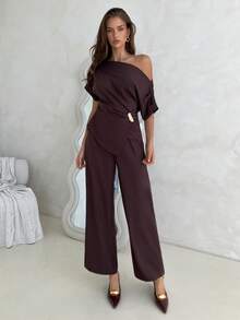 Aloruh 女士褶皱肩部咖啡色通勤上衣和裤子套装 - 咖啡棕 - 查看 6