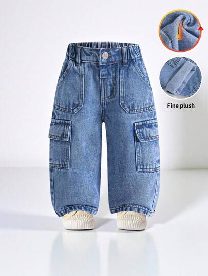 SHEIN Playful Pals 1 pieza Pantalones vaqueros azules lavados de corte recto y ajuste relajado con cintura elástica y múltiples bolsillos para bebé niño, nuevos y lindos para uso casual y versátil de todos los días