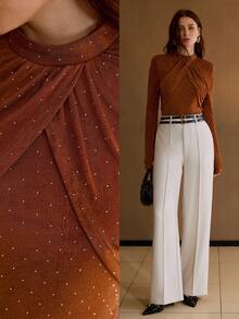 MOTF PREMIUM ÁO DÀI TAY CẠO HÌNH ĐÁ NHÂN TẠO CHỮ CHỮ THẬP, MÀU NÂU MÙA THU/ĐÔNG, THỜI TRANG & ĐA NĂNG - màu nâu - Xem 1