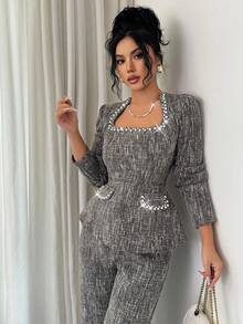 Modelyn Ensemble femme élégant composé d'un Top à manches longues avec épaules matelassées, col en U, perles, taille froncée et faux poches, en tweed gris, et d'un pantalon droit, pour l'automne - Gris - Voir 6