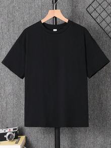 SHEIN 青少年男童撞色卡通字母篮球图案黑色短袖圆领T恤，休闲、校园、舒适、时尚、百搭、面料柔软，适合日常穿着、上学、郊游、户外运动、春夏篮球等场合。 - 黑色 - 查看 4