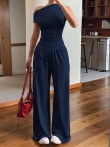 SHEIN EZwear 2pcs Women Casual Commuting Solid Color Asymmetrical Top And Pants Set - Navy Blue - View 5