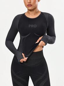 Seamluxe SHEIN Sport 女士字母印花拼接条纹插肩袖运动T恤 - 黑色 - 查看 1