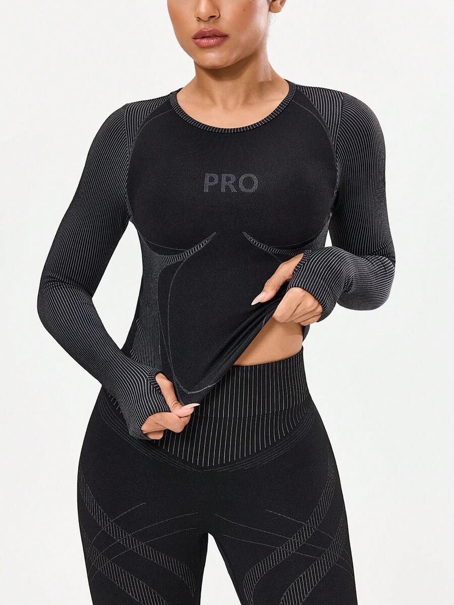 Seamluxe SHEIN Sport 女士字母印花拼接条纹插肩袖运动T恤 - 黑色 - 查看 1