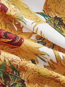 SHEIN MOD 梵高向日葵绘画图案连衣裙，泡泡袖，蝴蝶结细节，适合约会、派对、度假、下午茶、生日场合、情人节、女士生日礼服、女士正式礼服、女士沙滩装、度假、舞会礼服、金色连衣裙、夏季连衣裙、女士婚礼宾客礼服、太阳裙