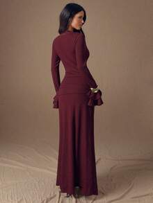 SHEIN BAE Váy xòe buộc dây màu trơn ren chắp vá thanh lịch dành cho nữ - Màu Đỏ Sâu - Xem 2