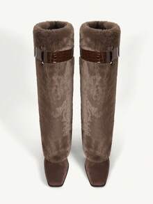 CUCCOO CHICEST Women's Fashionable Commuter Fluffy Chunky Heel Knee-High Boots Valentine's Day - Coffee Brown - View 9