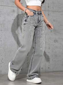 Pantalones Vaqueros Anchos de Mujer de Cintura Alta, Estilo Vintage con Detalles Únicos, Confortables y Versátiles - Gris - Ver 2