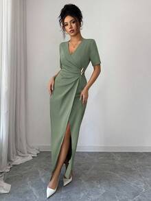Elenzga Women's Elegant Solid Color Wrap Long Dress For Commuting - Olive Green - View 5