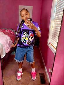 THE POWERPUFF GIRLS X SHEIN Camiseta deportiva casual holgada con cuello en V y mangas dolman con estampado de Flor, Burbujas y Buttercup de dibujos animados para niña preadolescente