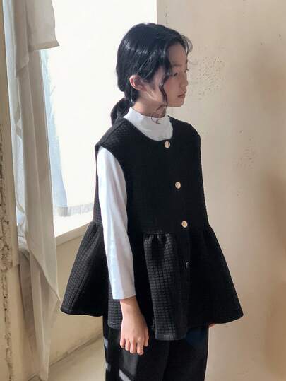 DAZY 少女纯色单排扣荷叶边下摆背心外套