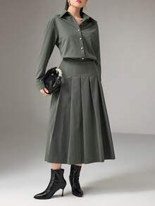 Heiryn 女士纯色衬衫和百褶裙两件套，时尚通勤 - 綠色 - 查看 5