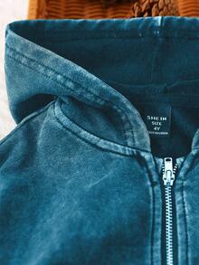 SHEIN Playful Pals Bộ áo khoác denim ngắn có mũ trùm đầu màu đen rộng rãi cho bé gái và quần denim dệt kim thẳng thoải mái, mềm mại và thoải mái khi mặc hàng ngày, tối giản và thời trang - Màu xanh hải quân - Xem 5