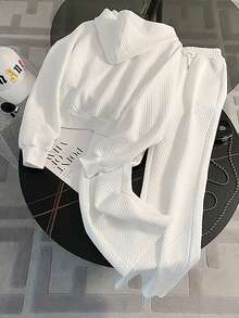 Resyla Embroidered Minimalist Hooded Zip-Up Sweatshirt Set, Gift For Friends - White - View 2