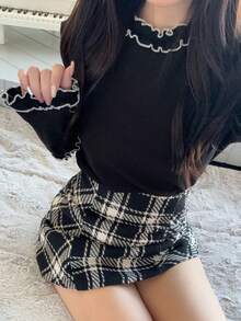 FRIFUL Áo thun nữ cổ tròn tay dài viền bèo nhún đa năng thường ngày - Xám - Xem 1