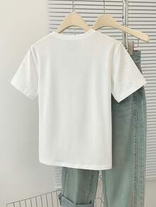 EMERY ROSE Women's Casual Solid Color Rhinestone Embellished Round Neck Short Sleeve T-Shirt, Suitable For Daily Wear, Autumn - White - View 2