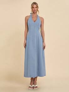 COSMINA Denim 女士V领A字牛仔连衣裙，优雅休闲连衣裙，适合工作、日常穿着、机场穿搭，露背牛仔连衣裙 - 藍色 - 查看 3